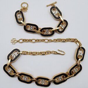 Ann Taylor Bracelet & Necklace Set Inlay Black Leather Gold Tone Chunky Chain VT